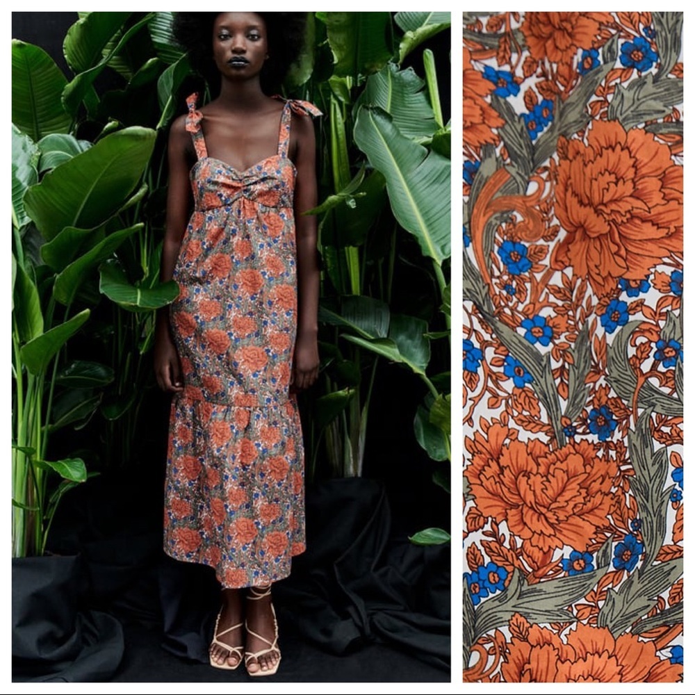 Zara Flower Printed Multicolored Poplin Midi Dress. Size XS.